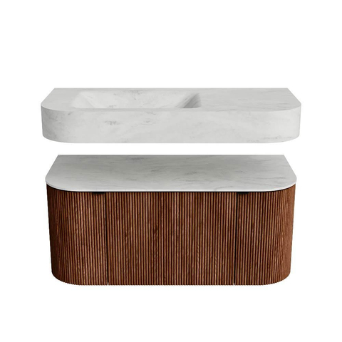 MONDIAZ THOR-DLUX 100cm meuble de salle de bains arrondi gauche + droite couleur Ruby avec 1 tiroir et 2 portes. Vasque suspendue CLOUD Gauche sans trou de robinet couleur Opalo. SW1467428