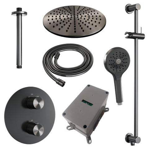 BRAUER Gunmetal Carving douche de pluie encastrée thermostatique - 3 voies - ronde - set 96 - pomme de douche 30cm - bras de plafond - douchette 3 jets - flexible de douche - barre de douche intégrée - gunmetal brossé PVD SW1159135