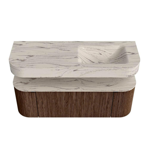 MONDIAZ THOR-DLUX 130cm meuble de salle de bains arrondi gauche + droite couleur Walnut avec 1 tiroir et 2 portes. Vasque suspendue CLOUD Droite 1 trou de robinet couleur Nata. SW1463864