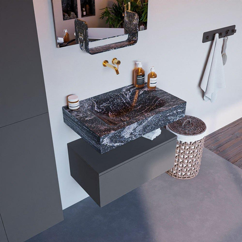 Mondiaz ALAN-DLUX Ensemble de meuble - 70cm - meuble Plata mat - 1 tiroir - Lavabo Cloud Lava suspendu - vasque Centre - 0 trous de robinet SW808423