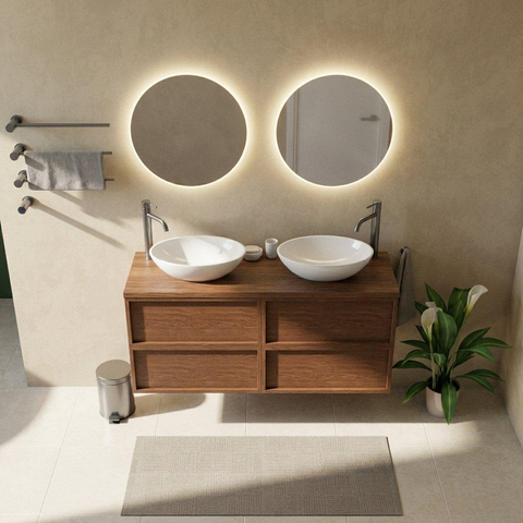 Saniclass Holz Frame Badkamermeubelset - 140x45x63cm - Travertine natuurstenen topblad - 2 kraangaten - 4 lades - glans walnut pure (hout) SW1580045