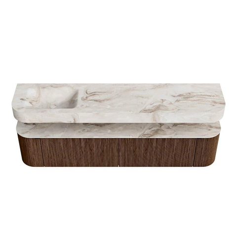 MONDIAZ THOR-DLUX 200cm badmeubel ronding links + rechts kleur Walnut met 2 lades en 2 deuren. Vrijhangende wastafel CLOUD Links 1 kraangat kleur Frappe. SW1466972
