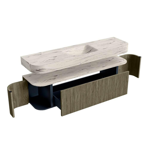 MONDIAZ THOR-DLUX 170cm badmeubel ronding links + rechts kleur Shadow met 1 lade en 2 deuren. Vrijhangende wastafel CLOUD Midden 1 kraangat kleur Nata. SW1465653
