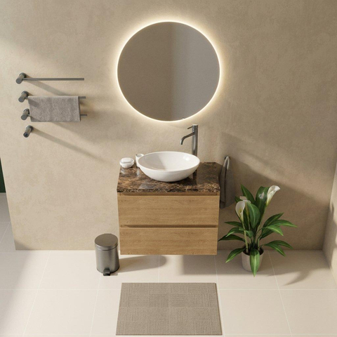 Saniclass Holz Pure Badkamermeubelset - 80x45x63cm - Noche natuurstenen topblad dark emperador - 1 kraangat - 2 lades - mat eiken natural (hout) SW1478285