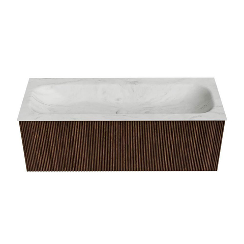 MONDIAZ KURVE-DLUX Meuble de salle de bains 120 cm couleur Walnut avec 1 tiroir. Lavabo BIG LARGE central sans trou de robinet couleur Opalo. SW1137635