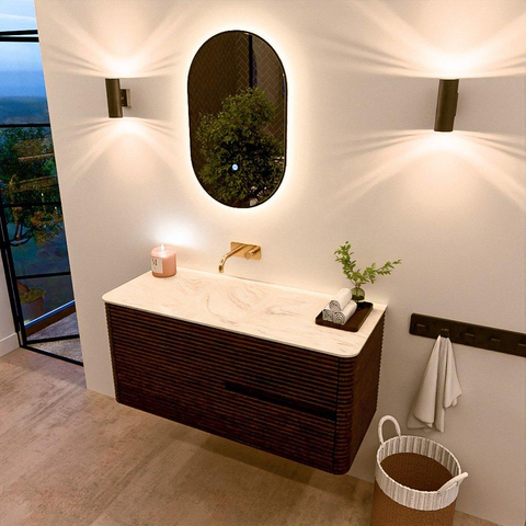 Mondiaz CIRO-DLUX Meuble de salle de bains - 110x45x50cm - vasque solid surface Ostra - 1 bassin à gauche - sans trous de robinet - 2 tiroirs - Noyer SW1530385