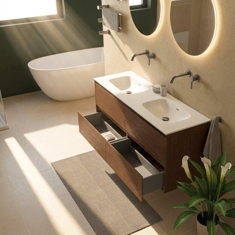 Saniclass Holz Pure Ensemble de meubles de salle de bains - 140x45x61.5cm - Flow lavabo en solid surface blanc - 2 vasques - sans trous de robinetterie - 4 tiroirs - noyer pure mat (bois) SW1478436