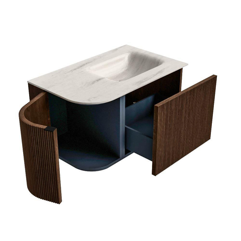 MONDIAZ KURVE-DLUX Meuble de salle de bains 75cm arrondi à gauche couleur Walnut avec 1 tiroir et 1 porte. Lavabo GRUNNE à droite sans trou de robinet Meli. SW1432032