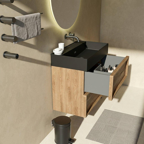 Saniclass Holz Frame Badkamermeubelset - 80x45x72cm - Legend keramische wastafel mat zwart - 1 wasbak - zonder kraangat - 2 lades - mat eiken natural (hout) SW1580089