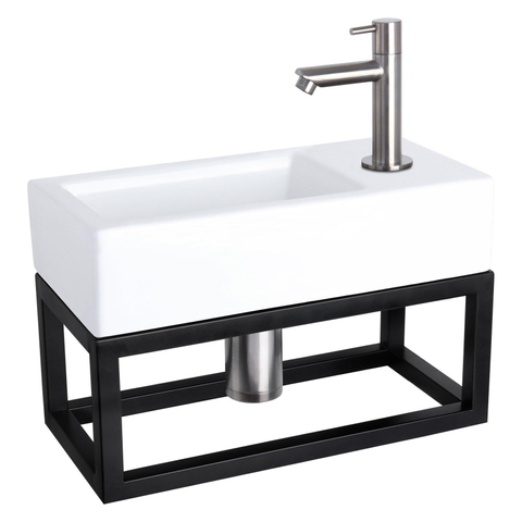 Differnz Ravo fonteinset – 38.5x18.5x25 cm – keramiek wit glans – rechte mat chromen kraan – met zwart frame SW373170