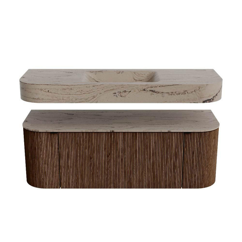 MONDIAZ THOR-DLUX 130cm meuble de salle de bains arrondi gauche + droite couleur Walnut avec 1 tiroir et 2 portes. Vasque suspendue CLOUD Milieu 1 trou de robinet couleur Arena. SW1463769