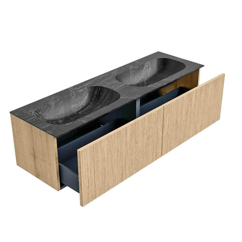 MONDIAZ KURVE-DLUX Meuble de salle de bains 150cm couleur Oak avec 2 tiroirs. Lavabo STOR SMALL double 2 trous de robinet couleur Lava. SW1137235