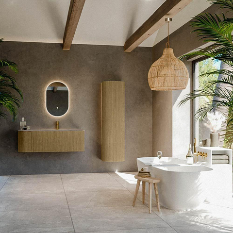MONDIAZ KURVE-DLUX 125cm badmeubel ronding Links kleur Dusk met 1 lade en 1 deur. Wastafel BIG MEDIUM Rechts 1 kraangat Oza. SW1432989