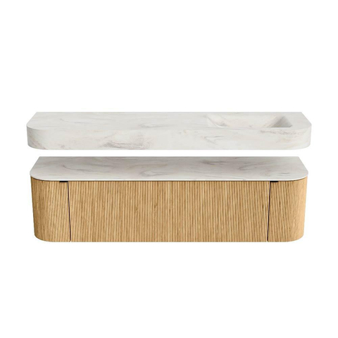 MONDIAZ THOR-DLUX 170cm badmeubel ronding links + rechts kleur Oak met 1 lade en 2 deuren. Vrijhangende wastafel CLOUD Rechts zonder kraangat kleur Ostra. SW1465556