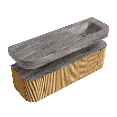 MONDIAZ THOR-DLUX 150cm meuble de salle de bains arrondi gauche + droite couleur Chêne avec 1 tiroir et 2 portes. Vasque suspendue CLOUD Droite sans trou de robinet couleur Oza. SW1464819