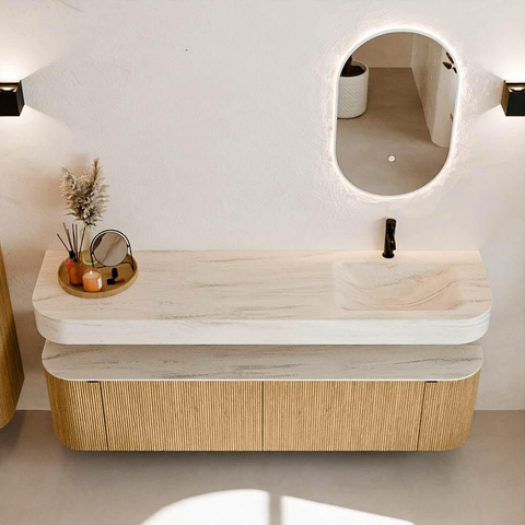 MONDIAZ THOR-DLUX 180cm meuble de salle de bains arrondi gauche + droite couleur Oak avec 2 tiroirs et 2 portes. Vasque suspendue CLOUD Droite 1 trou de robinet couleur Meli. SW1466159