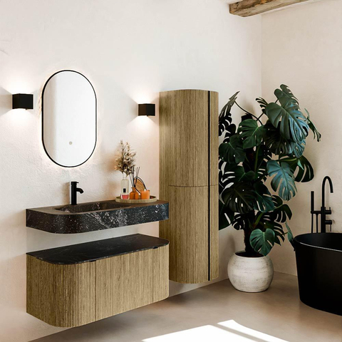 MONDIAZ THOR-DLUX 100cm meuble de salle de bains arrondi gauche + droite couleur Dusk avec 1 tiroir et 2 portes. Vasque suspendue CLOUD Gauche 1 trou de robinet couleur Lava. SW1467343