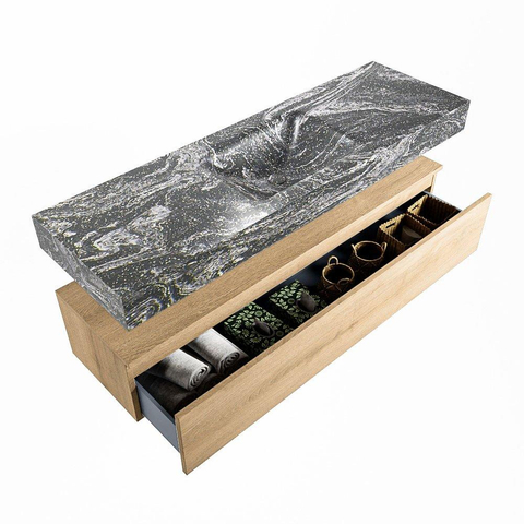 Mondiaz ALAN-DLUX Ensemble de meuble - 150cm - meuble Washed Oak mat - 1 tiroir - Lavabo Cloud Lava suspendu - vasque Centre - 1 trou de robinet SW808845