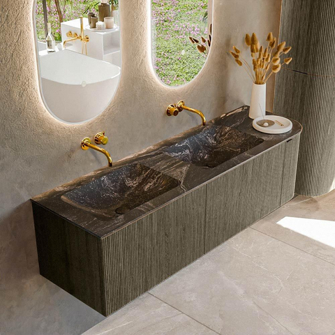 Mondiaz KURVE-DLUX Ensemble de meubles de salle de bains - 155x46x40cm - 2 tiroirs - 1 porte - lavabo solid surface - double / gauche - sans trou de robinet - Shadow SW1414710