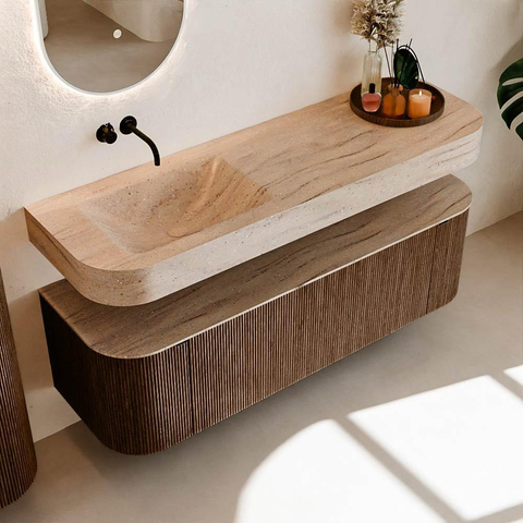MONDIAZ THOR-DLUX 150cm meuble de salle de bains arrondi gauche + droite couleur Walnut avec 1 tiroir et 2 portes. Vasque suspendue CLOUD Gauche sans trou de robinet couleur Saba. SW1464873