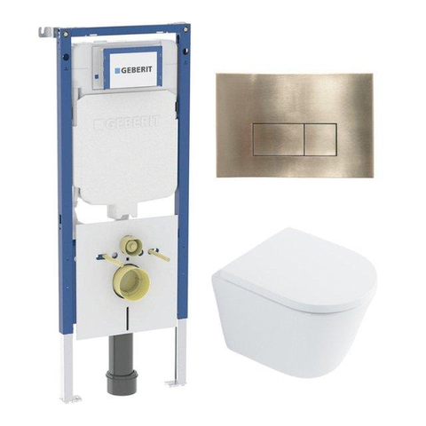 QeramiQ Dely Toiletset - 36.3x51.7cm - diepspoel - rimless - Geberit UP720 inbouwreservoir - softclose toilet zitting - 35mm - geborsteld messing bedieningsplaat - rechthoekige knoppen - met Burda frame - glans wit SW1428164