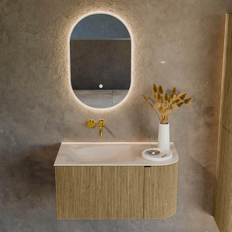 MONDIAZ KURVE-DLUX Meuble de salle de bains 85cm arrondi à droite couleur Dusk avec 1 tiroir et 1 porte. Plan-vasque CLOUD à gauche sans trou de robinet Meli. SW1431848