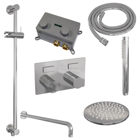 BRAUER Chrome Carving Thermostatische Regendouche inbouw - drukknoppen - SET 63 - 20cm hoofddouche - gebogen muurarm - staaf handdouche - doucheslang - geïntegreerde glijstang - chroom SW925517