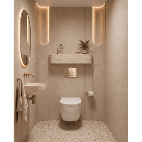 QeramiQ Dely Swirl Toiletset - 36.3x51.7cm - Geberit UP720 Duofix Sigma inbouwreservoir - 35mm zitting - geborsteld messing bedieningsplaat - rechthoekige knoppen - wit glans SW1413879