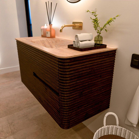 Mondiaz CIRO-DLUX Badkamermeubelset - 100x45x50cm - Solid surface wastafel Saba - 1 wasbak Midden - zonder kraangaten - 2 lades - Walnut SW1530675