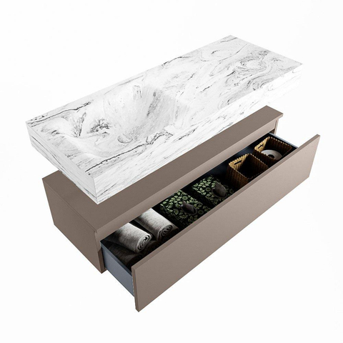 Mondiaz ALAN-DLUX Ensemble de meuble - 120cm - meuble Smoke mat - 1 tiroir - Lavabo Cloud Glace suspendu - vasque Gauche - 1 trou de robinet SW805832
