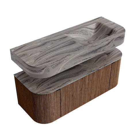 MONDIAZ THOR-DLUX 120cm badmeubel ronding links + rechts kleur Walnut met 1 lade en 2 deuren. Vrijhangende wastafel CLOUD Rechts zonder kraangat kleur Sombra. SW1463638