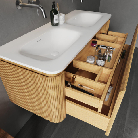 Royal Plaza Terra Edge Ensemble meuble de salle de bains - 120x44.7x46cm - vasque en solid surface blanc mat - 2 vasques - 2 trous de robinet - 2 tiroirs - sandwood (chêne clair) SW1471916