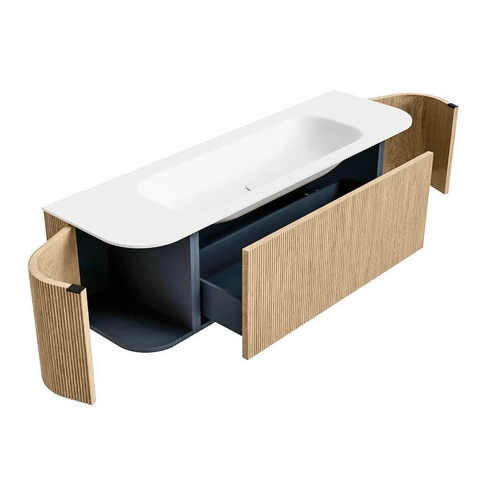 MONDIAZ KURVE Meuble de salle de bains 150 cm avec module 25 Len R couleur Chêne avec 1 tiroir et 2 portes. Lavabo BIG MEDIUM central sans trou de robinet Talc. SW1138183
