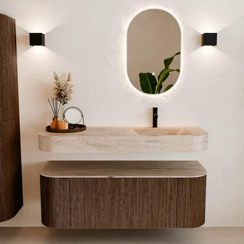 MONDIAZ THOR-DLUX 130cm badmeubel ronding links + rechts kleur Walnut met 1 lade en 2 deuren. Vrijhangende wastafel CLOUD Rechts 1 kraangat kleur Saba. SW1464030
