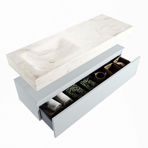 Mondiaz ALAN-DLUX Ensemble de meuble - 130cm - meuble Clay mat - 1 tiroir - Lavabo Cloud Ostra suspendu - vasque Gauche - 0 trous de robinet SW807682