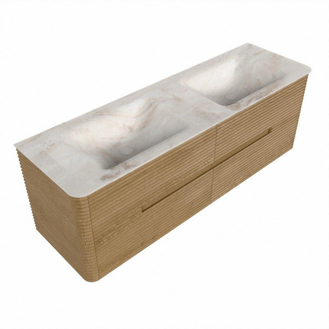 Mondiaz CIRO-DLUX Ensemble de meubles de salle de bains - 150x45x50cm - plan vasque solid surface Frappe - 2 vasques double - sans trous de robinetterie - 4 tiroirs - Chêne SW1530893
