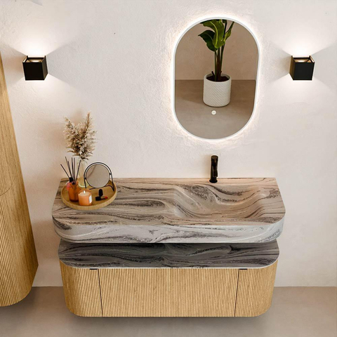 MONDIAZ THOR-DLUX 130cm badmeubel ronding links + rechts kleur Oak met 1 lade en 2 deuren. Vrijhangende wastafel CLOUD Rechts 1 kraangat kleur Sombra. SW1464045