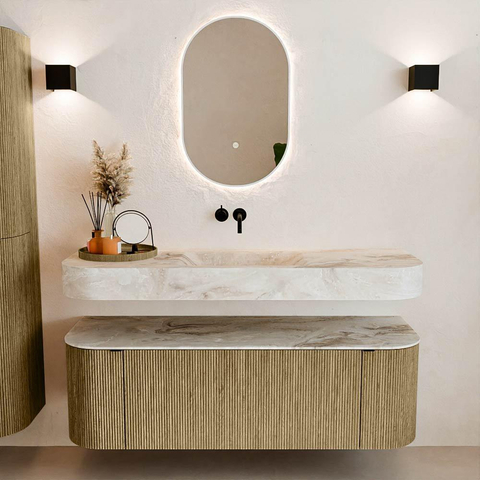 MONDIAZ THOR-DLUX Meuble de salle de bains - 140cm - arrondi gauche + droite - couleur Dusk - 1 tiroir - 2 portes - Vasque suspendue CLOUD Milieu sans trou de robinet - couleur Frappe SW1464247