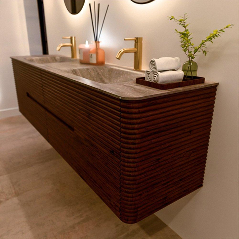 Mondiaz CIRO-DLUX Badkamermeubelset - 180x45x50cm - Solid surface wastafel Oza - 2 wasbak Dubbel - 2 kraangaten - 4 lades - Ruby SW1532135