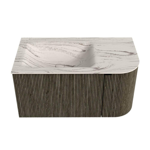 MONDIAZ KURVE-DLUX Meuble de salle de bains 85cm arrondi à droite couleur Shadow avec 1 tiroir et 1 porte. Lavabo CLOUD à gauche sans trou de robinet Nata. SW1432269