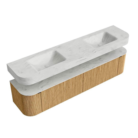 MONDIAZ THOR-DLUX 200cm meuble de salle de bains arrondi gauche + droite couleur Chêne avec 2 tiroirs et 2 portes. Vasque suspendue CLOUD Double sans trou de robinet couleur Opalo. SW1466949