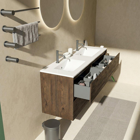 Saniclass Holz Pure Badkamermeubelset - 140x45x62cm - Vygo keramische wastafel wit - 2 wasbakken - 2 kraangaten - 4 lades - glans eiken charcoal (hout) SW1438629