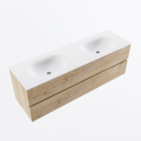 MONDIAZ VICA meuble sous lavabo 150cm Chêne blanchi 2 tiroirs. Lavabo MOON double 2 trous de robinet, couleur Talc. SW1381880