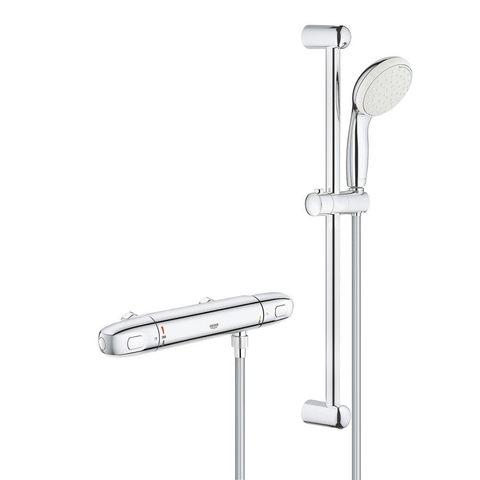 GROHE Grohtherm-1000 New Set de confort avec robinet de douche thermostatique entraxe=12cm et barre de douche New Tempesta 60cm chrome/blanc SW108043