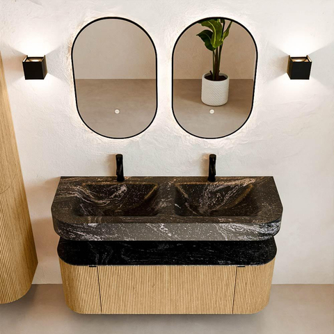 MONDIAZ THOR-DLUX 130cm badmeubel ronding links + rechts kleur Oak met 1 lade en 2 deuren. Vrijhangende wastafel CLOUD Dubbel 2 kraangaten kleur Lava. SW1463525