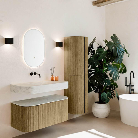 MONDIAZ THOR-DLUX 100cm meuble de salle de bains arrondi gauche + droite couleur Dusk avec 1 tiroir et 2 portes. Vasque suspendue CLOUD Milieu sans trou de robinet couleur Opalo. SW1467404