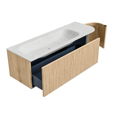 MONDIAZ KURVE-DLUX meuble de salle de bains 135 cm avec module 25 R couleur Oak avec 1 tiroir et 1 porte. Lavabo BIG MEDIUM gauche sans trou de robinet couleur Opalo. SW1137576