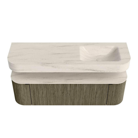 MONDIAZ THOR-DLUX 150cm meuble de salle de bains arrondi gauche + droite couleur Shadow avec 1 tiroir et 2 portes. Vasque suspendue CLOUD Droite 1 trou de robinet couleur Meli. SW1464825