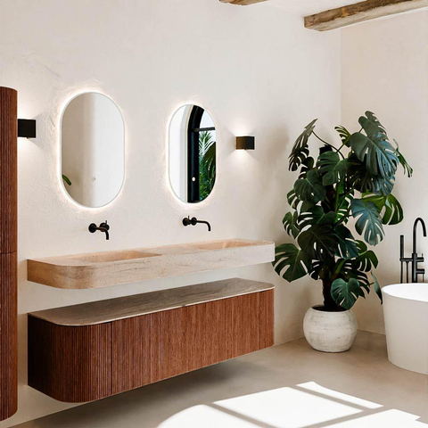 MONDIAZ THOR-DLUX 170cm meuble de salle de bains arrondi gauche + droite couleur Ruby avec 1 tiroir et 2 portes. Vasque suspendue CLOUD Double sans trou de robinet couleur Saba. SW1465748