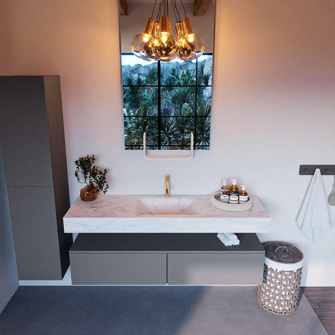 Mondiaz ALAN-DLUX Ensemble de meuble - 150cm - meuble Plata mat - 2 tiroirs - Lavabo Cloud Opalo suspendu - vasque Centre - 1 trou de robinet SW806907
